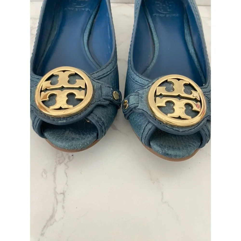 Tory Burch Navy Blue Leather Leticia Wedge Pumps Sz 6M Blue Logo Office Work